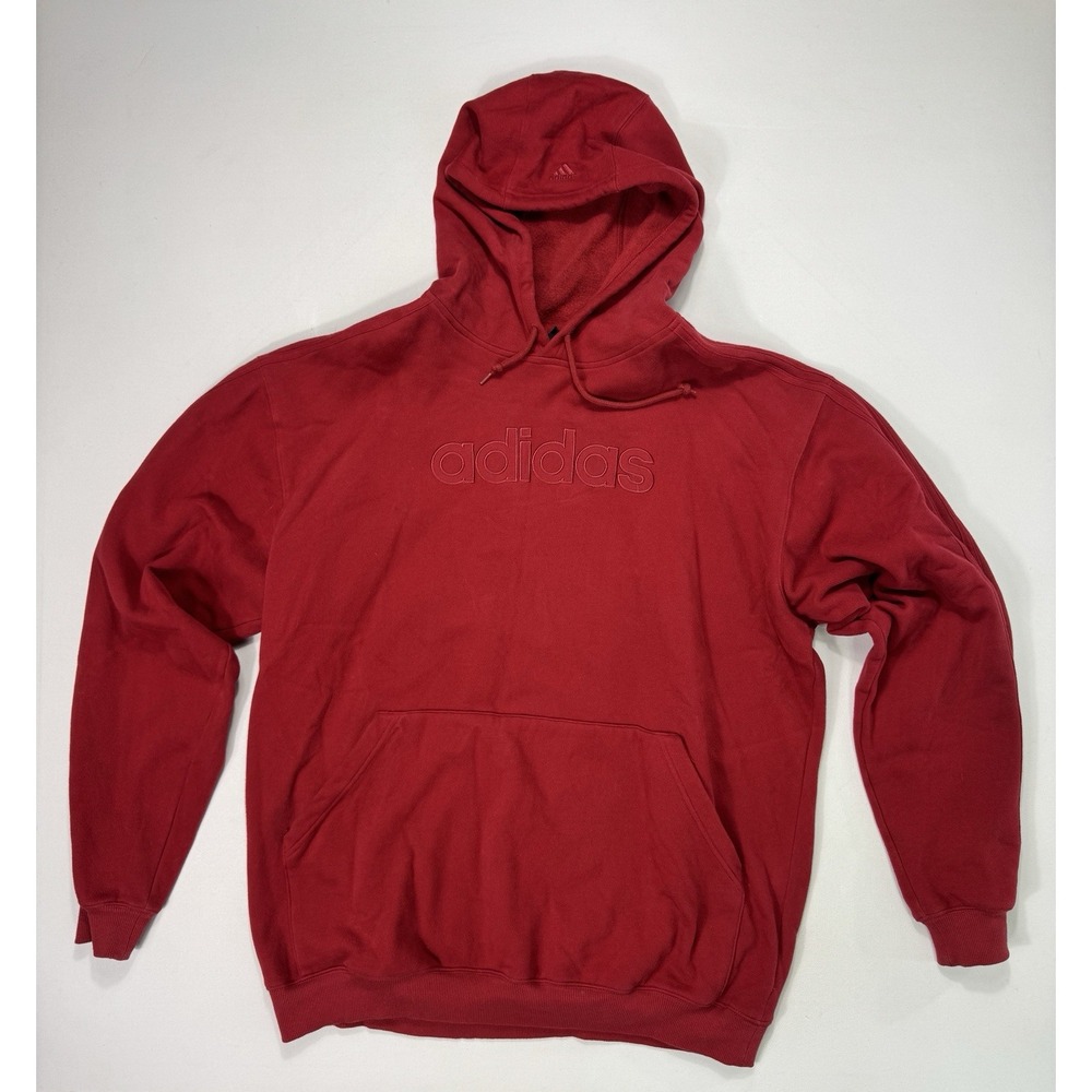 Adidas Mens 2XL Red Fleece Hoodie Y2K Embroidered Spell Out Logo Pullover Sports
